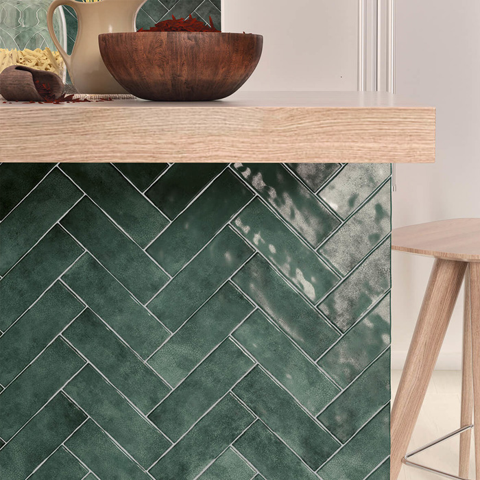 Herringbone Salcombe emerald crackle metro tiles